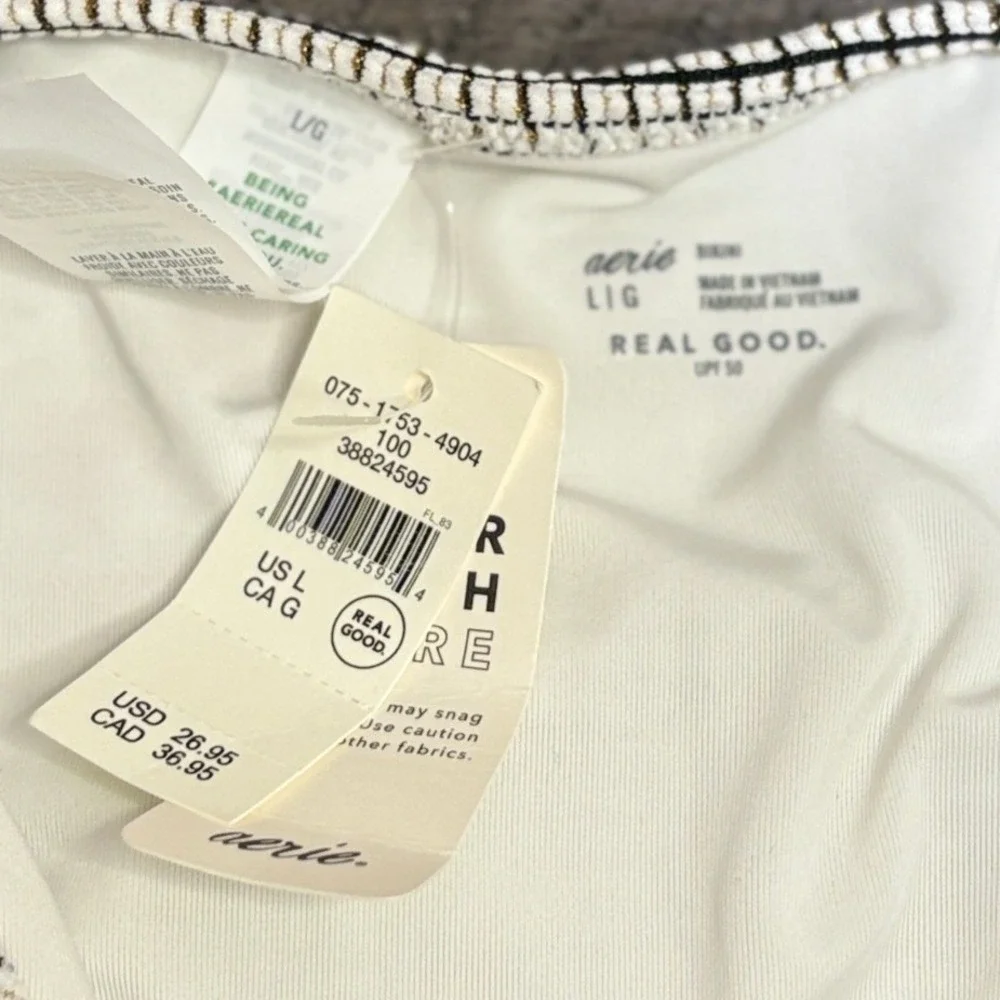 Aerie Bikini Bottom Large White Black Gold Metallic Grid Textured NWT